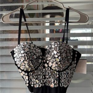 Black and Silver Embellished Bustier Top